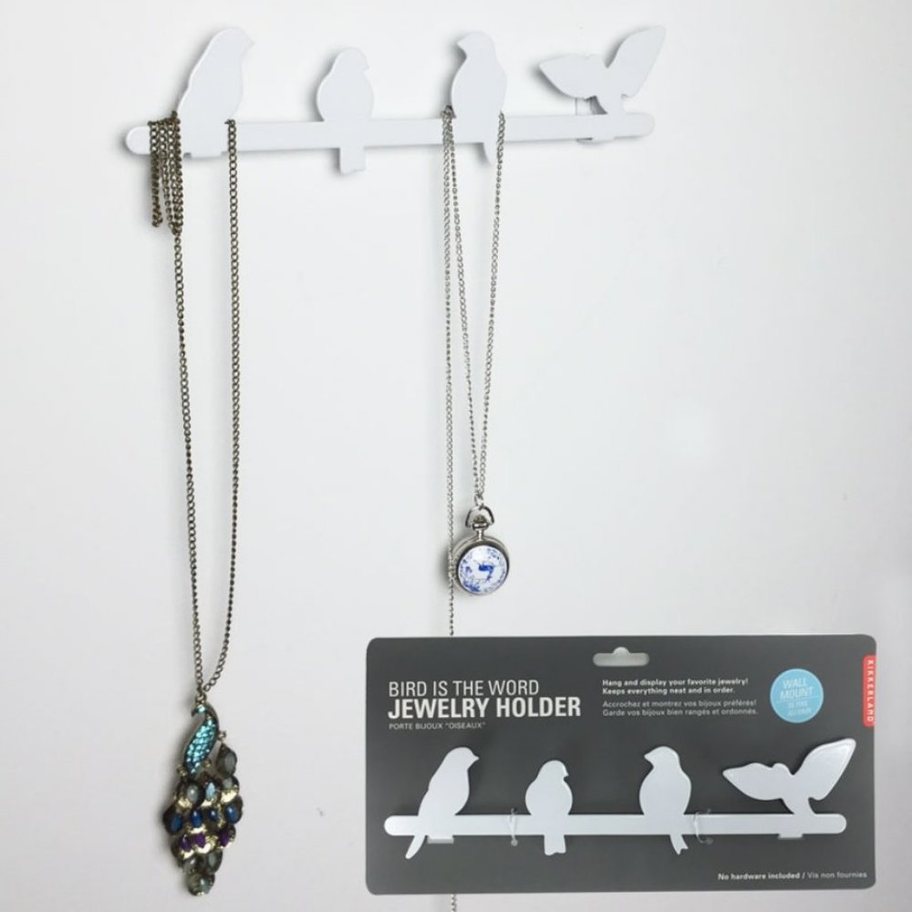Kikkerland Bird Is The Word White Jewelry Holder Wall Mount Display Rack Decor